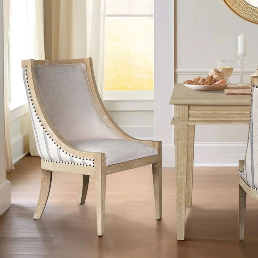 Upholstered Dining Chair Beige Upholstery Nailhead Trim Solid Wood Media 2