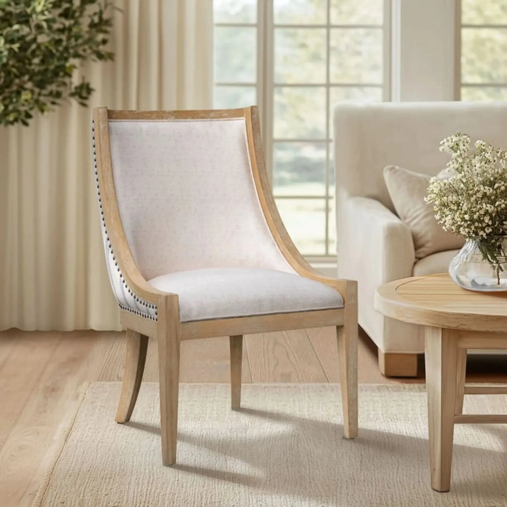 Upholstered Dining Chair Beige Upholstery Nailhead Trim Solid Wood Media 6