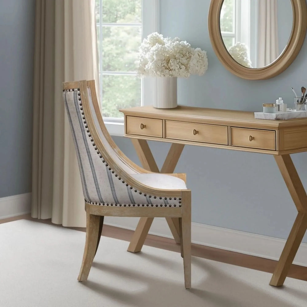 Upholstered Dining Chair Beige Upholstery Nailhead Trim Solid Wood Media 9