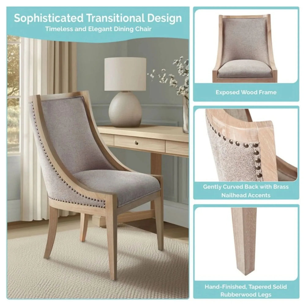 Upholstered Dining Chair Beige Upholstery Nailhead Trim Solid Wood Media 4