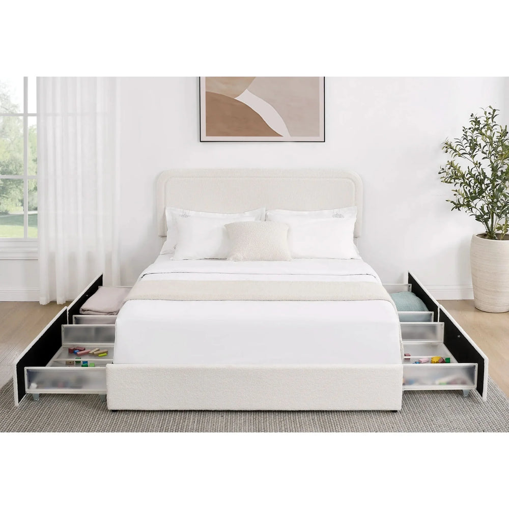 Queen Bed Ivory Boucle Upholstered 4-Drawer Storage Tufted Headboard Media 7