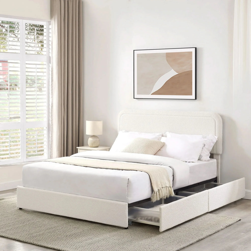 Queen Bed Ivory Boucle Upholstered 4-Drawer Storage Tufted Headboard Media 6