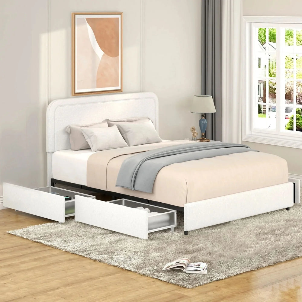 Queen Bed Ivory Boucle Upholstered 4-Drawer Storage Tufted Headboard Media 9