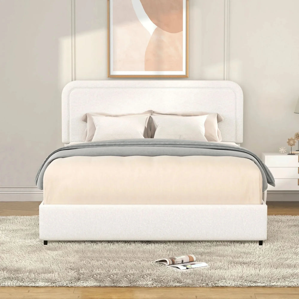 Queen Bed Ivory Boucle Upholstered 4-Drawer Storage Tufted Headboard Media 8