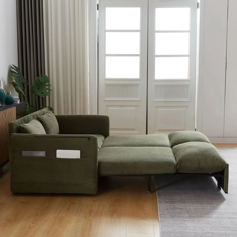 Sleeper Sofa Green Corduroy 3-in-1 Adjustable With Pullout Bed With Side Pockets Media 6