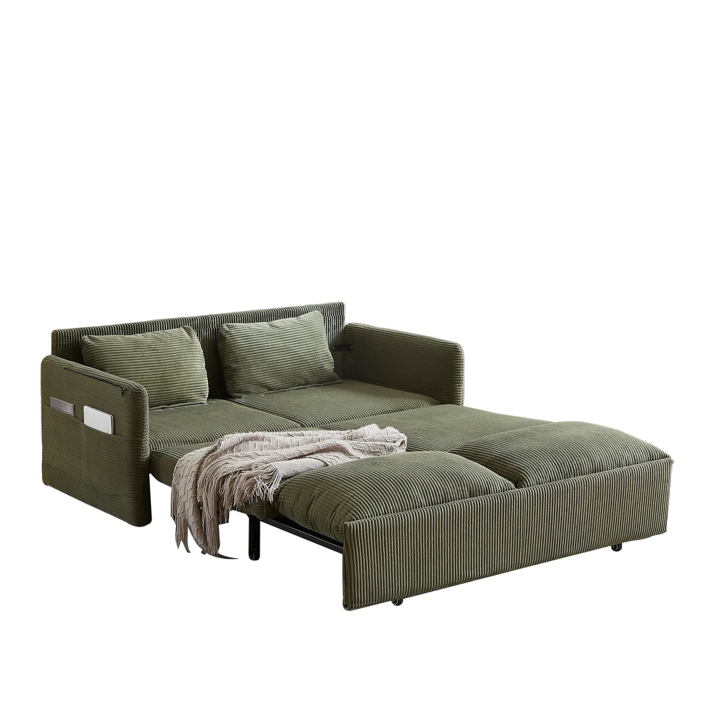 Sleeper Sofa Green Corduroy 3-in-1 Adjustable With Pullout Bed With Side Pockets Media 17