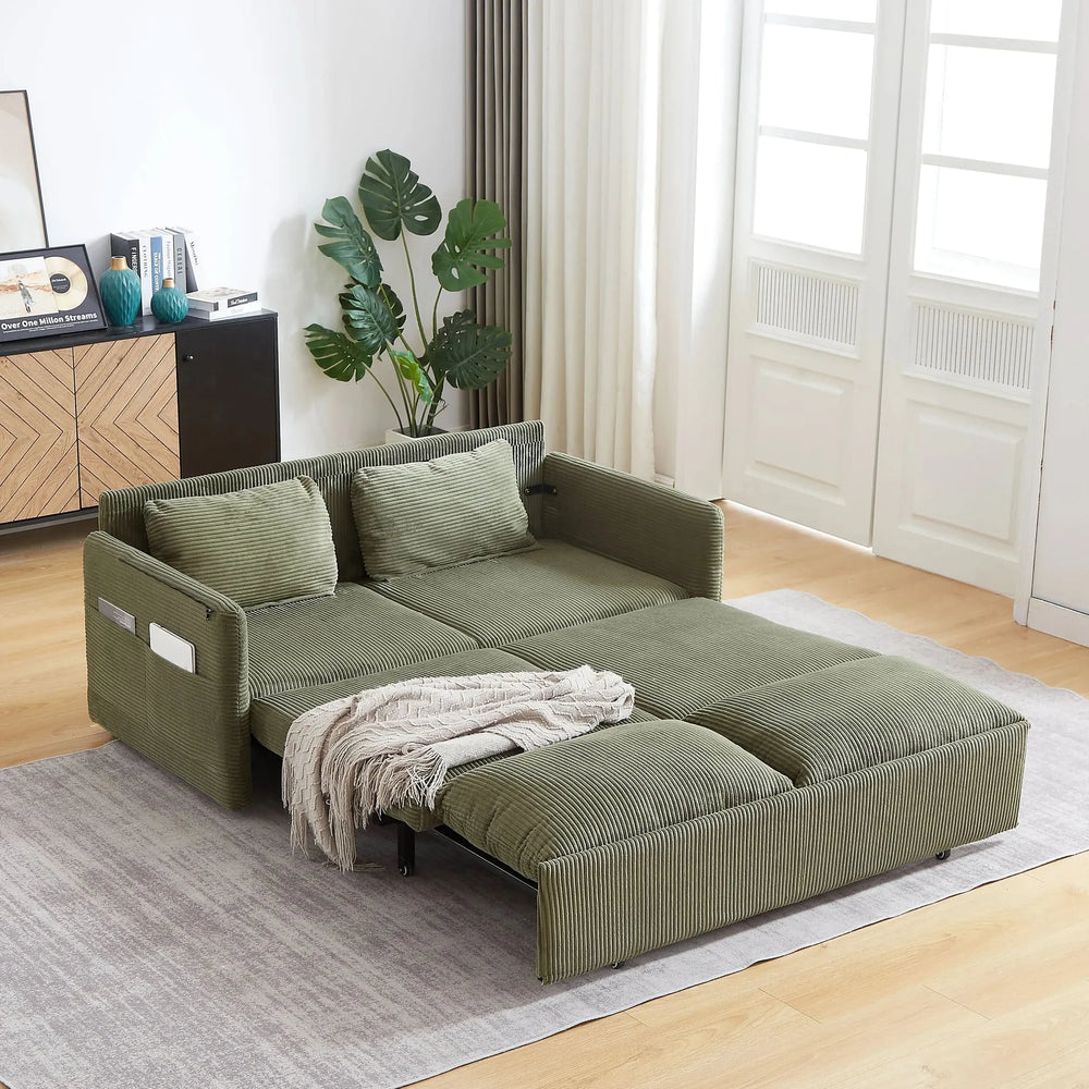 MH'' 64.5 Inch Sleeper Sofa Bed  3-in-1 Adjustable Sleeper with Pullout Bed   2 Pillows and Side Pockets  Soft Corduroy Convertible Sleeper Sofa Bed for Living Room Bedroom Apartment Office- DTY Store