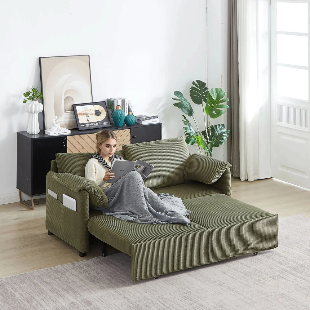 Sleeper Sofa Green Corduroy 3-in-1 Adjustable With Pullout Bed With Side Pockets Media 21