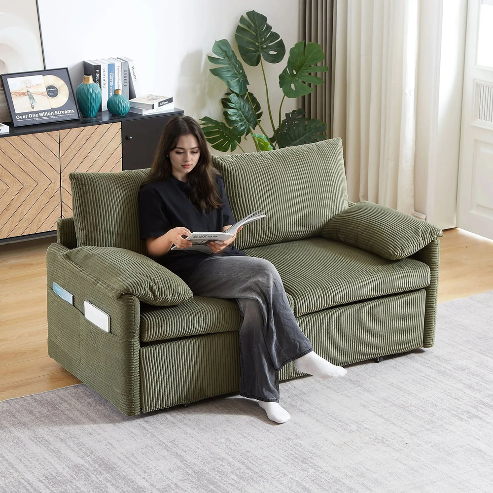 Sleeper Sofa Green Corduroy 3-in-1 Adjustable With Pullout Bed With Side Pockets Media 20