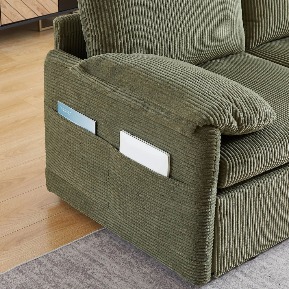 Sleeper Sofa Green Corduroy 3-in-1 Adjustable With Pullout Bed With Side Pockets Media 7