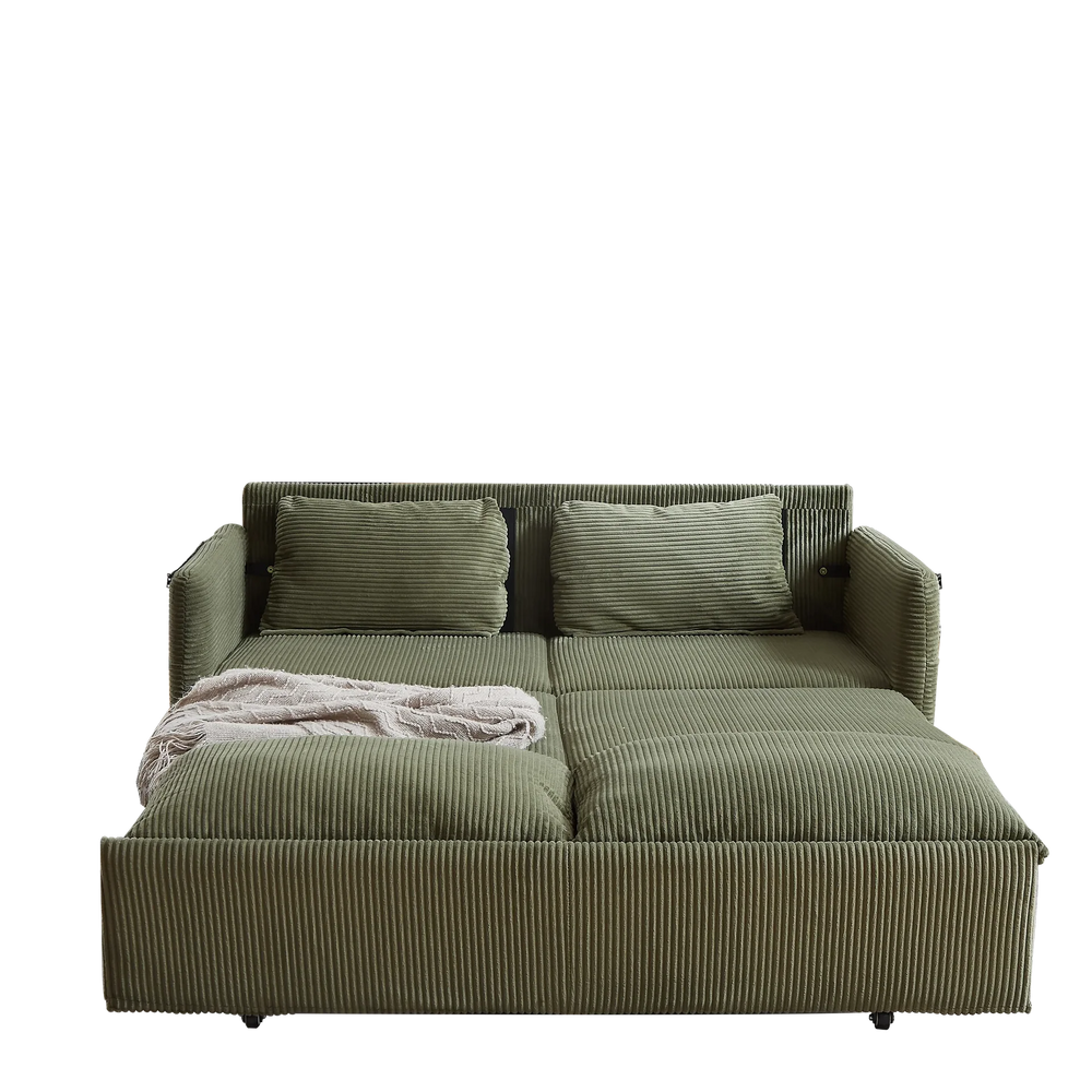 Sleeper Sofa Green Corduroy 3-in-1 Adjustable With Pullout Bed With Side Pockets Media 18