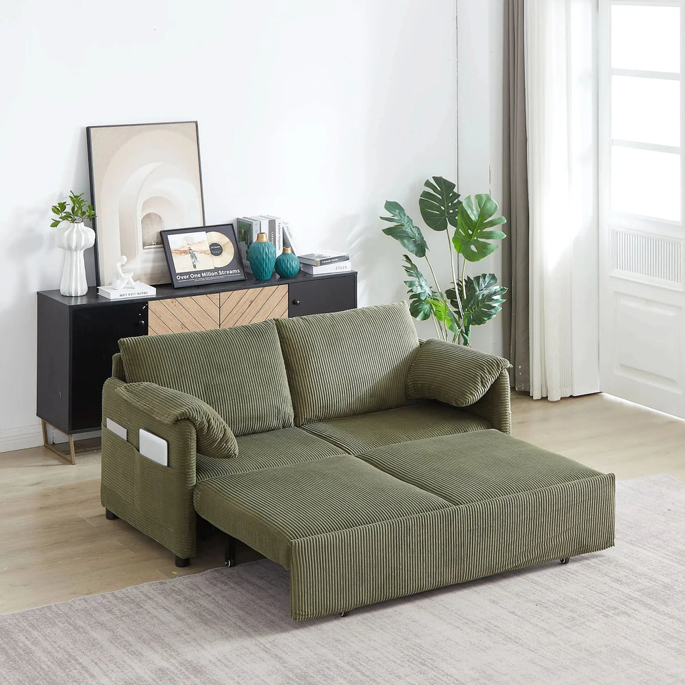 Sleeper Sofa Green Corduroy 3-in-1 Adjustable With Pullout Bed With Side Pockets Media 19