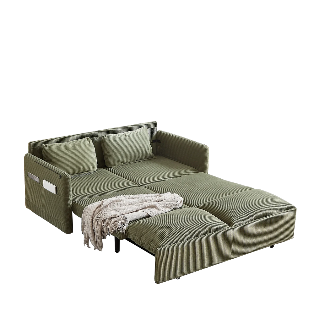 Sleeper Sofa Green Corduroy 3-in-1 Adjustable With Pullout Bed With Side Pockets Media 16