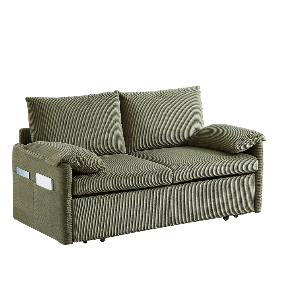 Sleeper Sofa Green Corduroy 3-in-1 Adjustable With Pullout Bed With Side Pockets Media 15