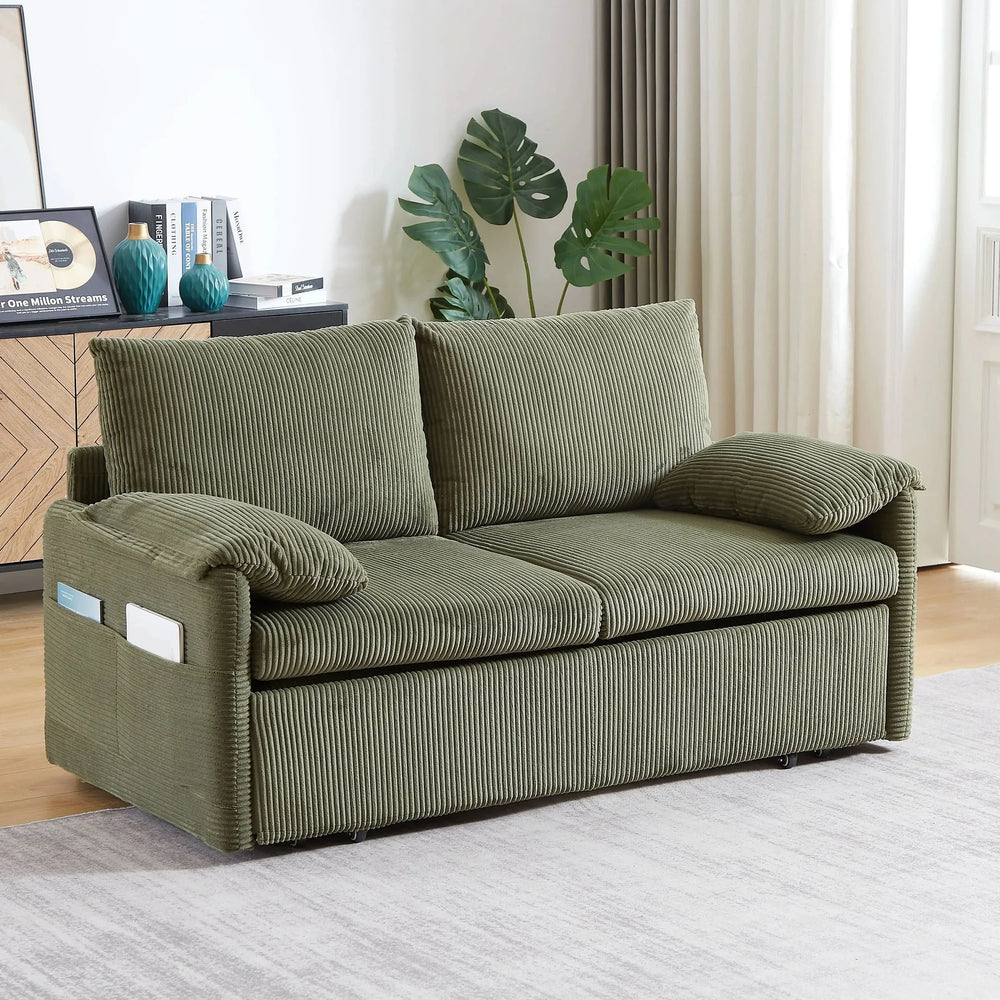 Sleeper Sofa Green Corduroy 3-in-1 Adjustable With Pullout Bed With Side Pockets Media 12