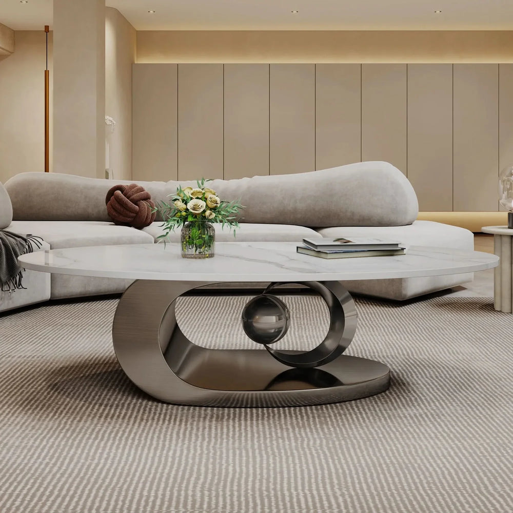 Marble Coffee Table Faux Marble Top & Sculptural Stainless Steel Base Media 5