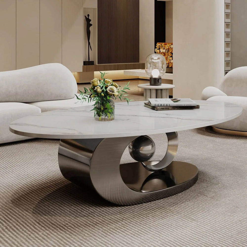 Marble Coffee Table Faux Marble Top & Sculptural Stainless Steel Base Media 1