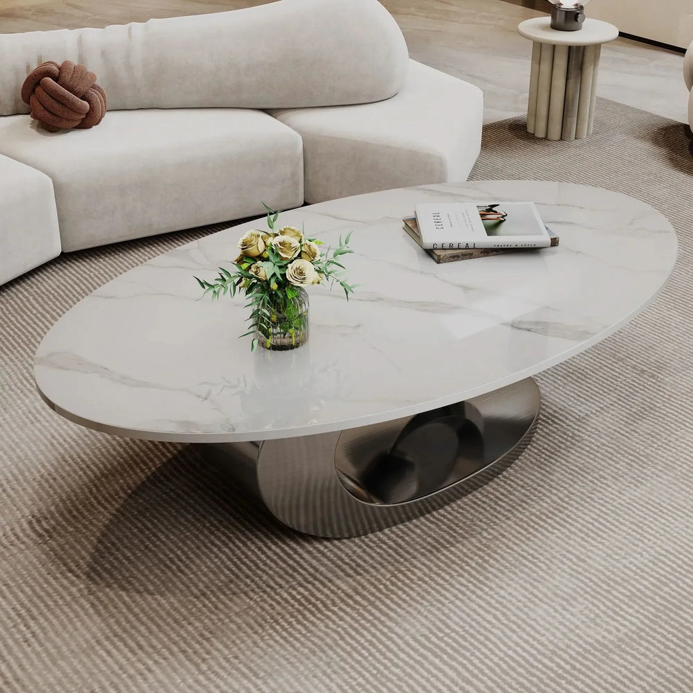 Marble Coffee Table Faux Marble Top & Sculptural Stainless Steel Base Media 7