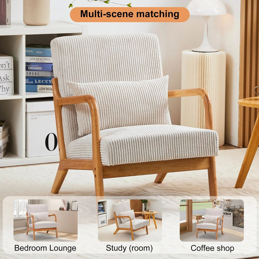 Mid-Century Modern Accent Chair with Pillow Upholstered Arm Chair in Beige Polyester and Solid Wood Frame (beige) Media 17