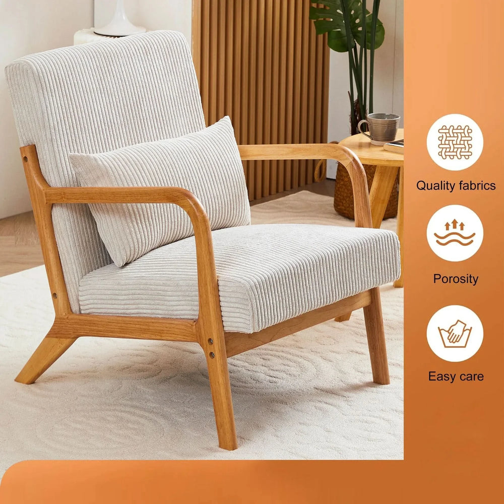 Mid-Century Modern Accent Chair with Pillow Upholstered Arm Chair in Beige Polyester and Solid Wood Frame (beige) Media 20