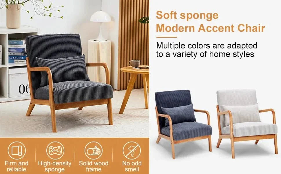 Mid-Century Modern Accent Chair with Pillow Upholstered Arm Chair in Beige Polyester and Solid Wood Frame (beige) Media 23