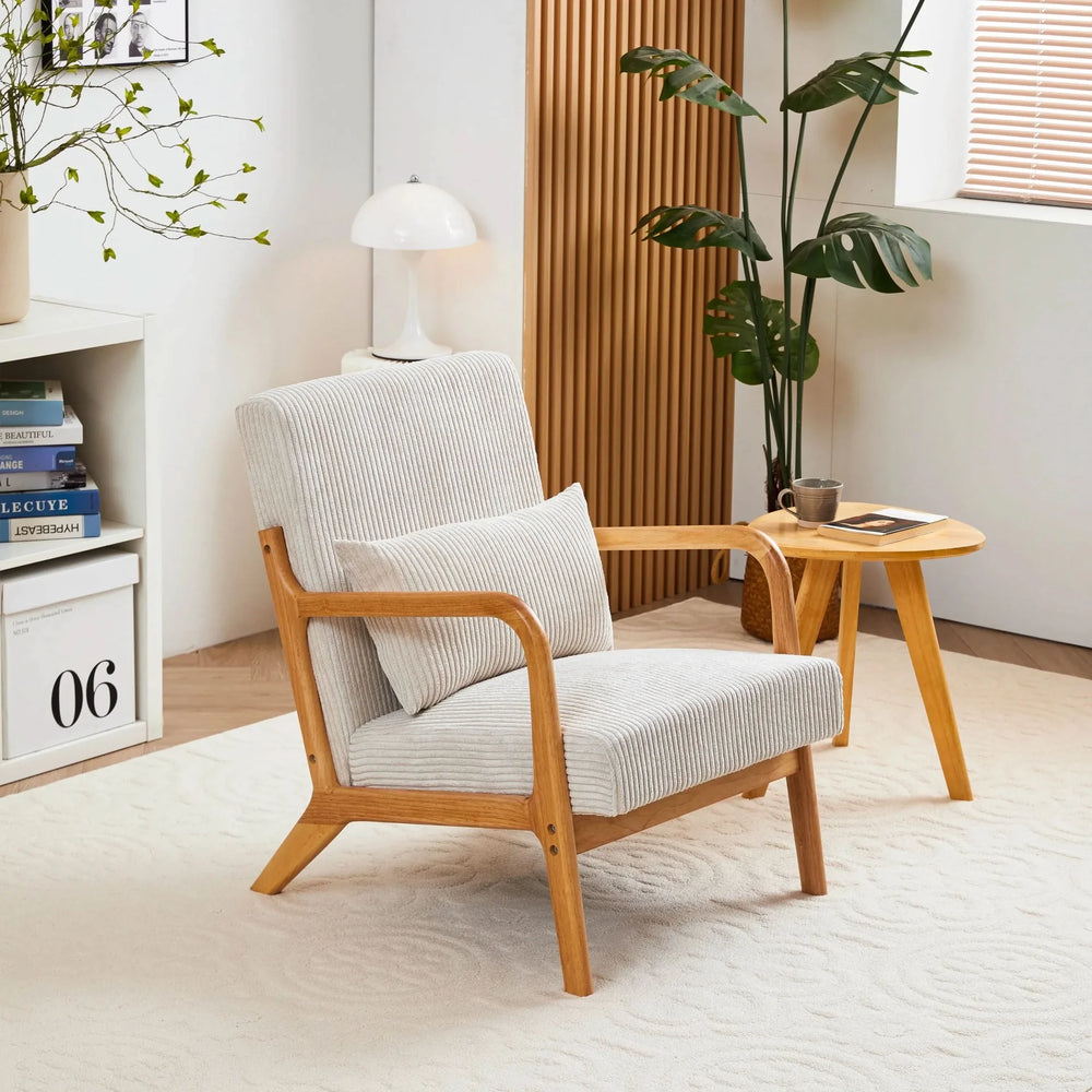 Mid-Century Modern Accent Chair with Pillow Upholstered Arm Chair in Beige Polyester and Solid Wood Frame (beige) Media 4