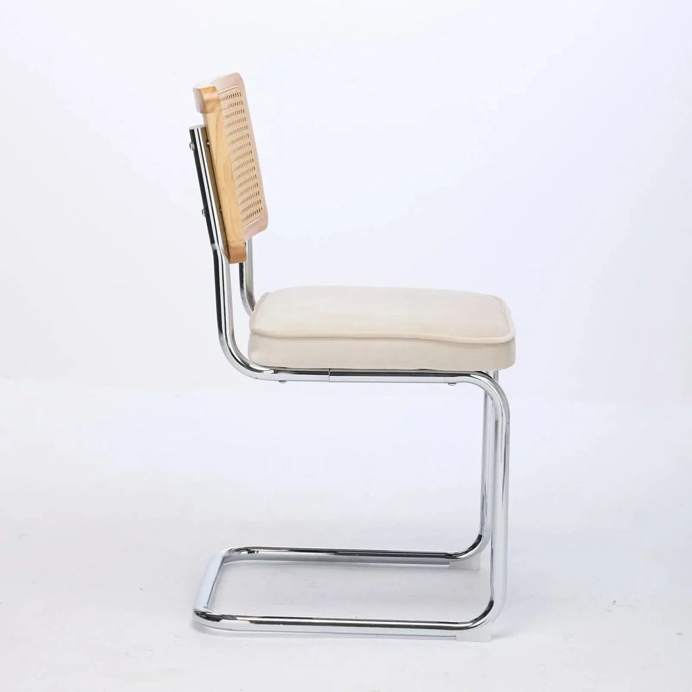 Dining Chairs Velvet Upholstery & Cane Back Beige Chrome Base Set Of 2 Media 4