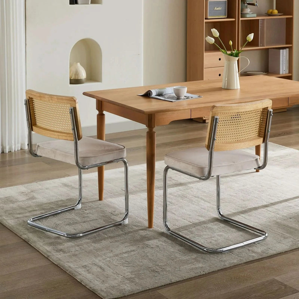 Dining Chairs Velvet Upholstery & Cane Back Beige Chrome Base Set Of 2 Media 13