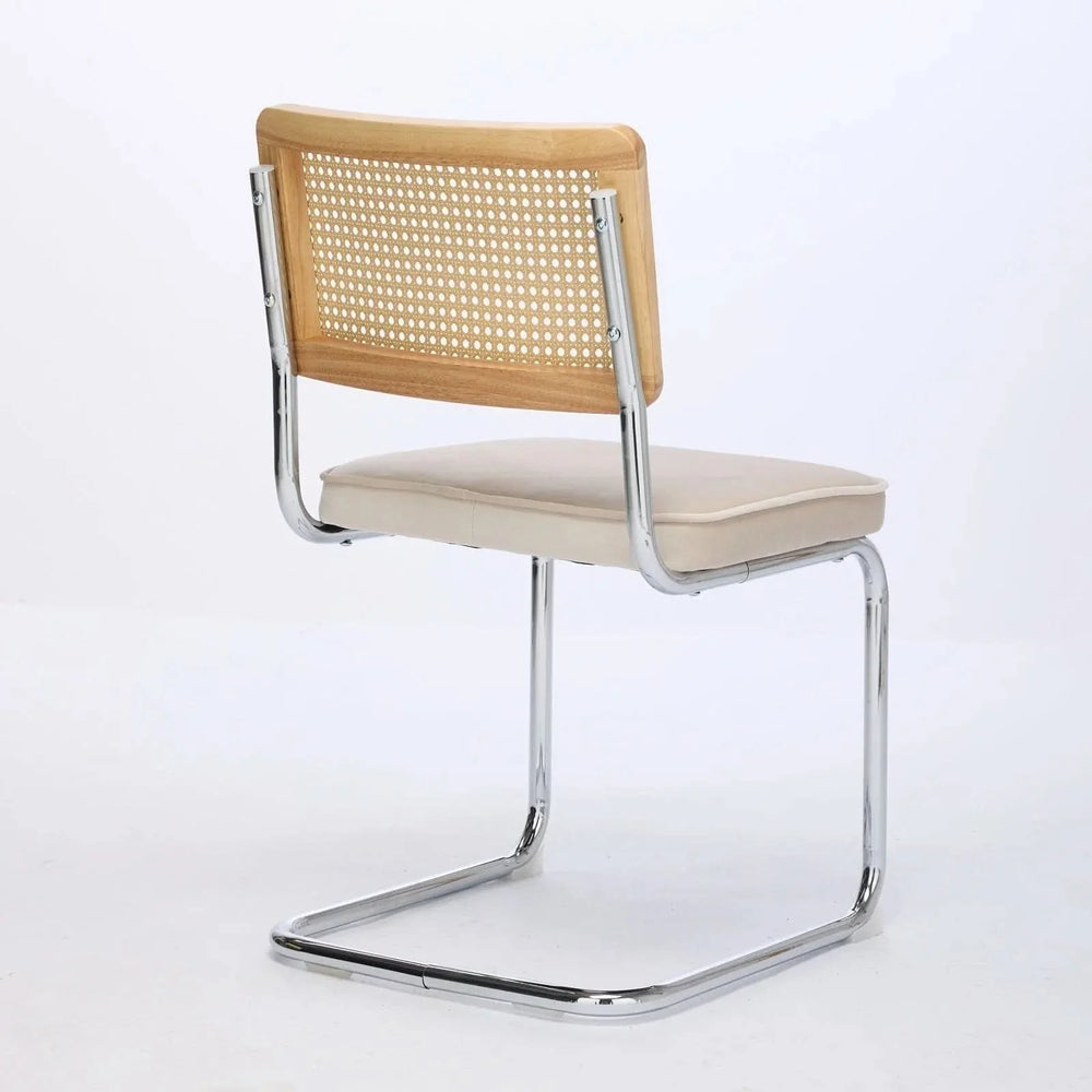 Dining Chairs Velvet Upholstery & Cane Back Beige Chrome Base Set Of 2 Media 5