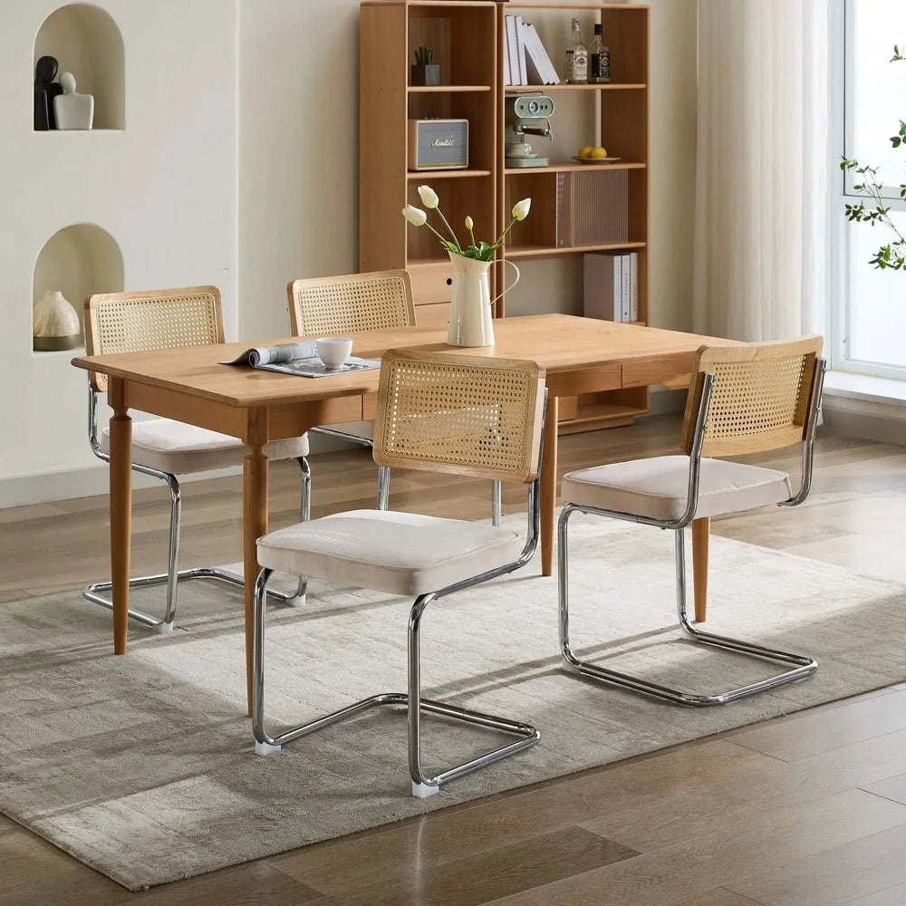 Dining Chairs Velvet Upholstery & Cane Back Beige Chrome Base Set Of 2 Media 14