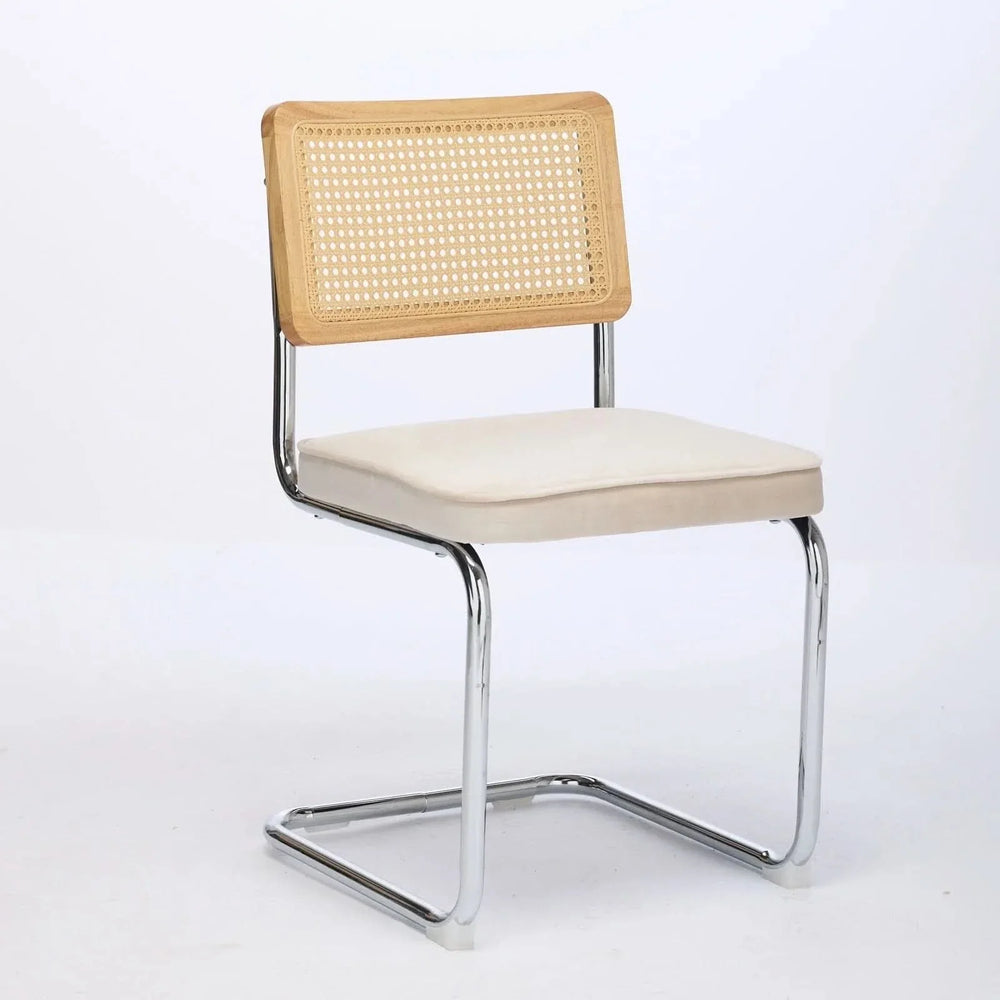 Dining Chairs Velvet Upholstery & Cane Back Beige Chrome Base Set Of 2 Media 3