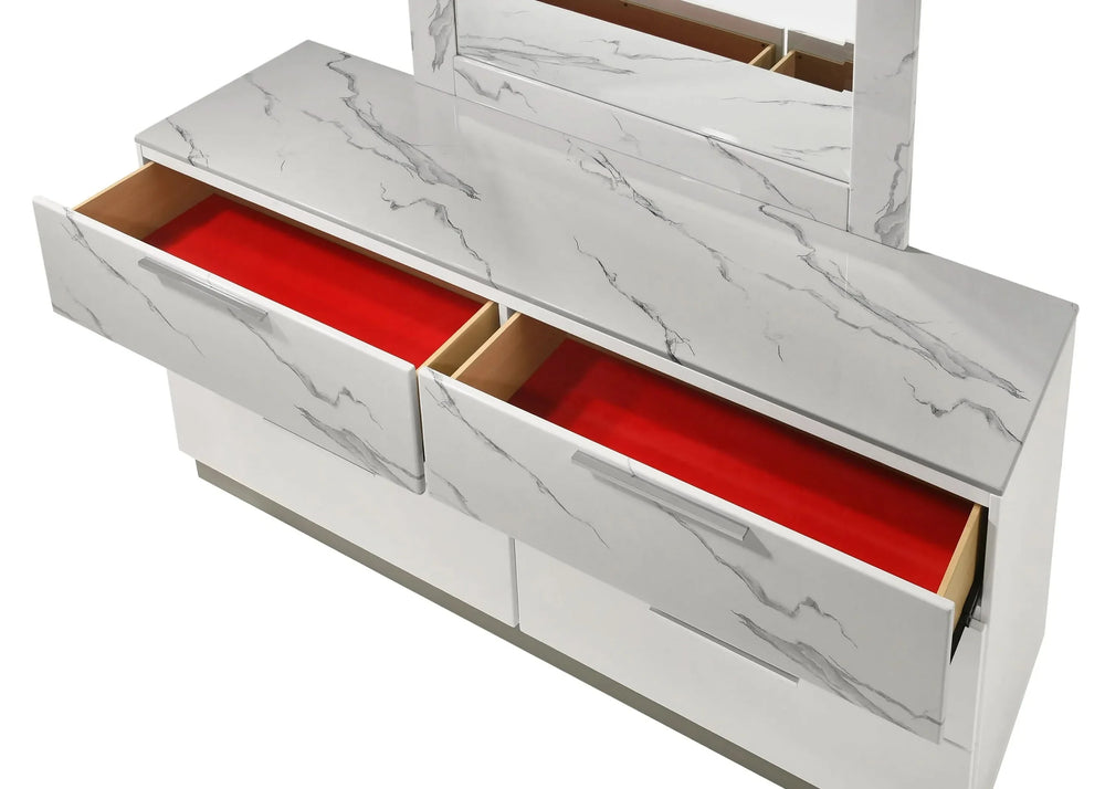 Queen Bedroom Set Marble & Lacquer Finish Minimalist LED Lighting White Media 14