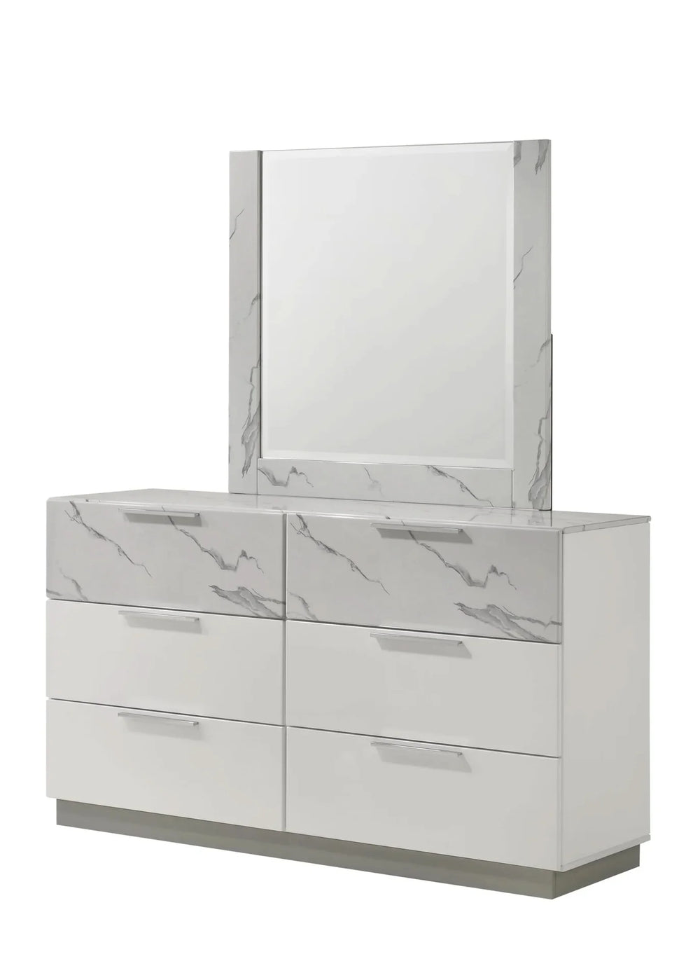 Queen Bedroom Set Marble & Lacquer Finish Minimalist LED Lighting White Media 10