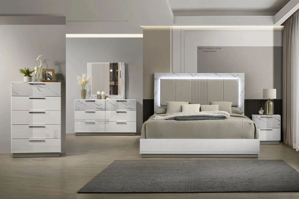 Mist Queen 5-Piece Set – Two-Tone High-Gloss Marble & Lacquer Finish with LED Lighting, Spacious Velvet-Lined Storage White- DTY Store