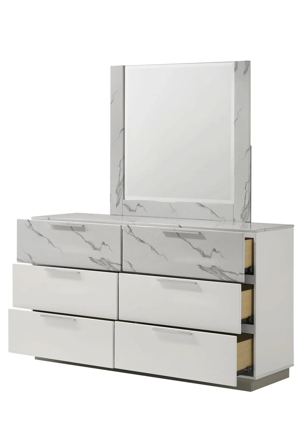 Queen Bedroom Set Two-Tone Marble & Lacquer Finish LED Lighting Collection Media 14