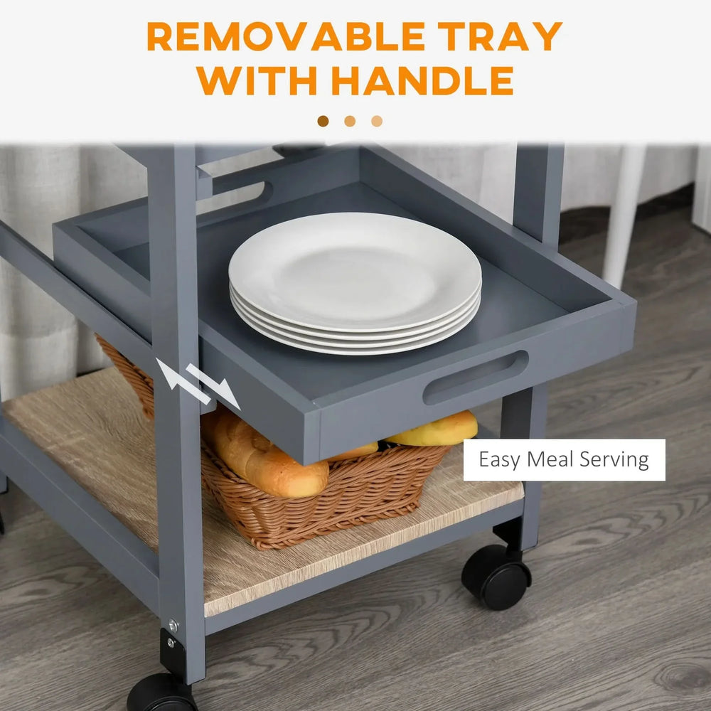 Kitchen Island Cart Wood Top With Drawer & Wire Basket On Wheels Grey Media 7