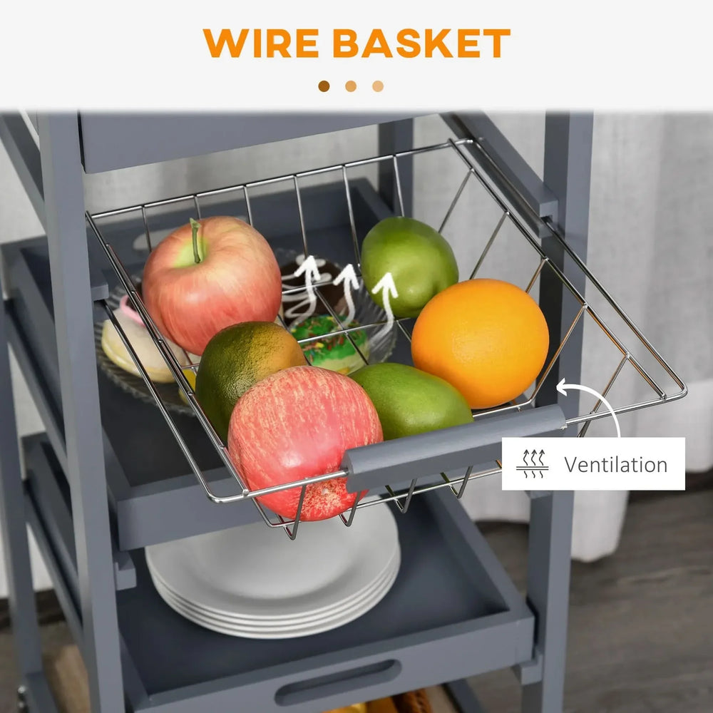 Kitchen Island Cart Wood Top With Drawer & Wire Basket On Wheels Grey Media 2