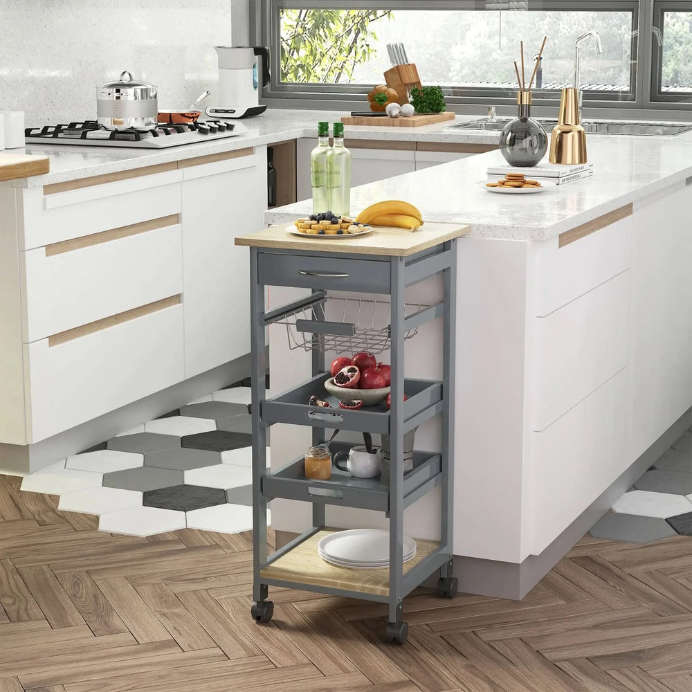 Kitchen Island Cart Wood Top With Drawer & Wire Basket On Wheels Grey Media 6