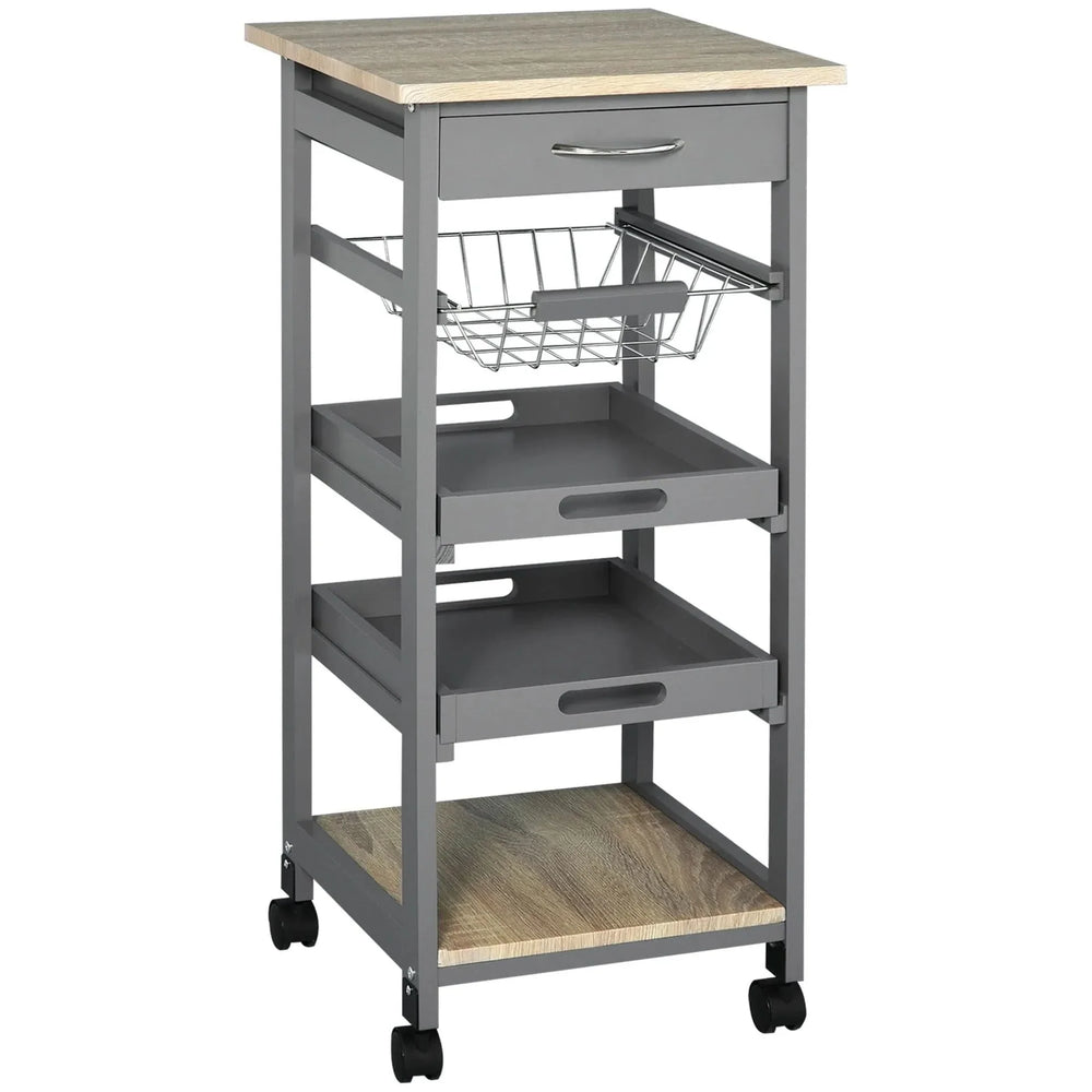 Kitchen Island Cart Wood Top With Drawer & Wire Basket On Wheels Grey Media 1