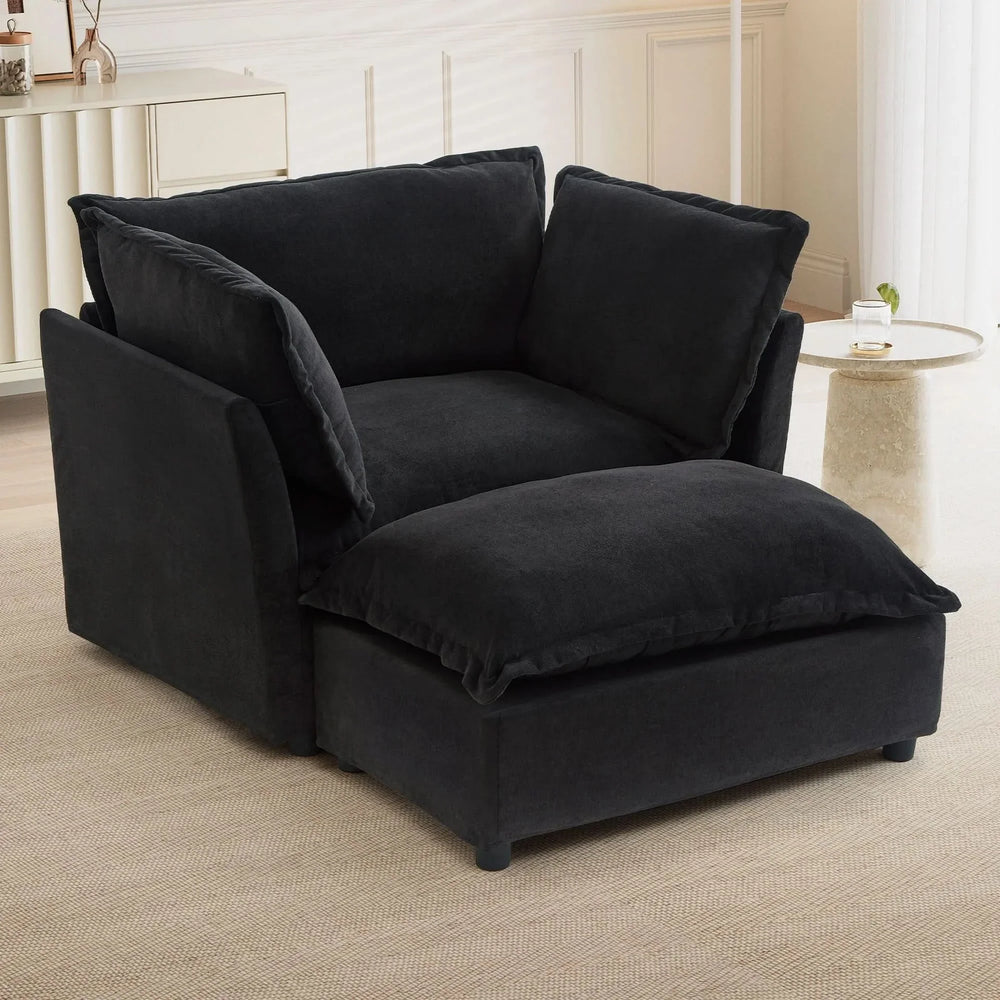 Modern Armchair Sofa 47' Cozy Upholstered Sofa Chair with Movable Ottoman, Black Chenille, Wide Seat & Curved Armrests - DTY Store