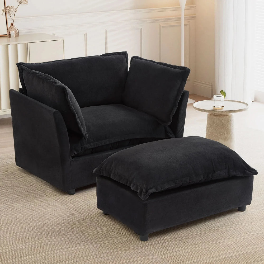 Armchair Sofa Chenille Upholstery Wide Seat & Curved Armrests With Ottoman Media 11