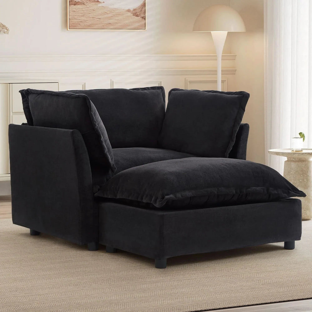 Armchair Sofa Chenille Upholstery Wide Seat & Curved Armrests With Ottoman Media 10