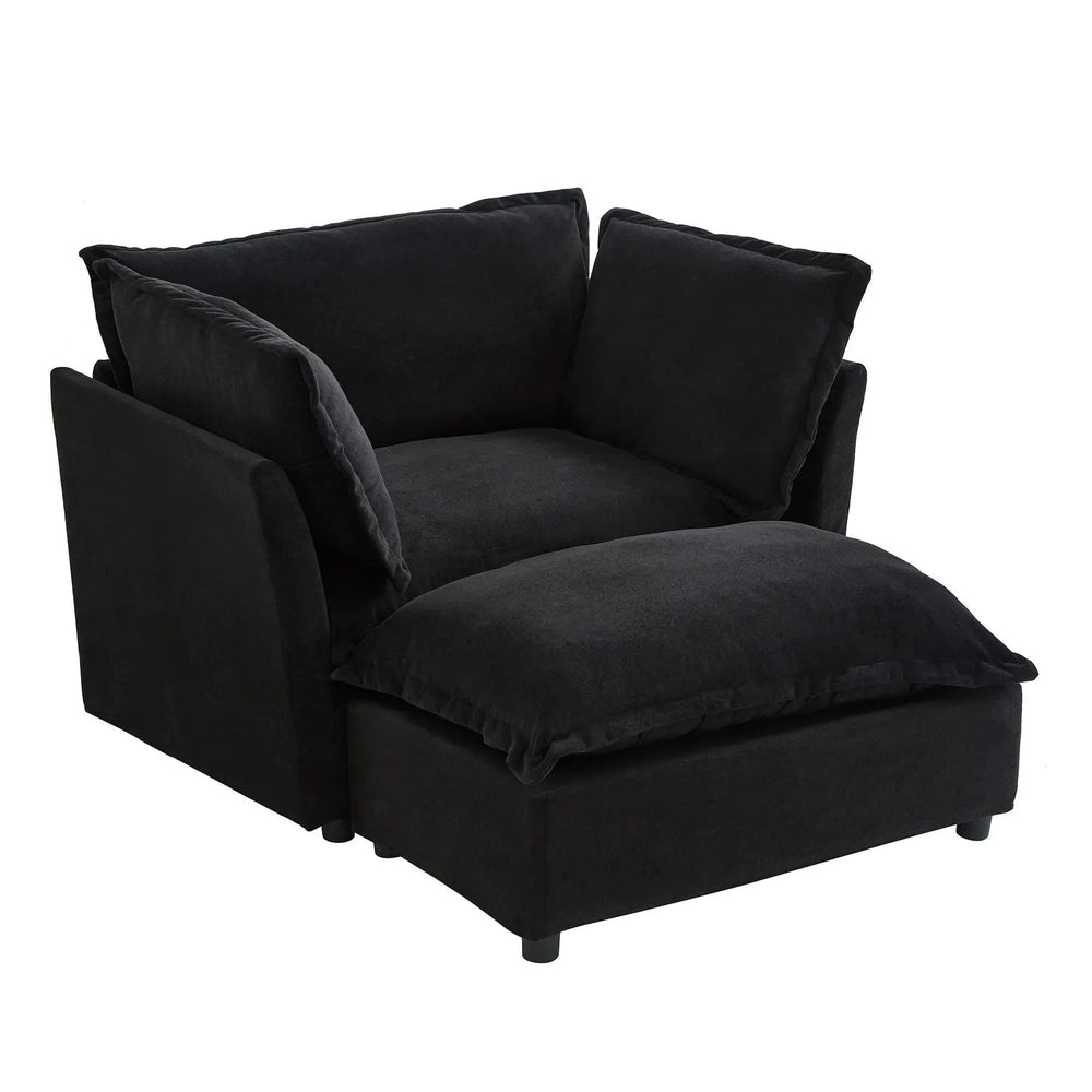 Modern Armchair Sofa 47' Cozy Upholstered Sofa Chair with Movable Ottoman, Black Chenille, Wide Seat & Curved Armrests- DTY Store