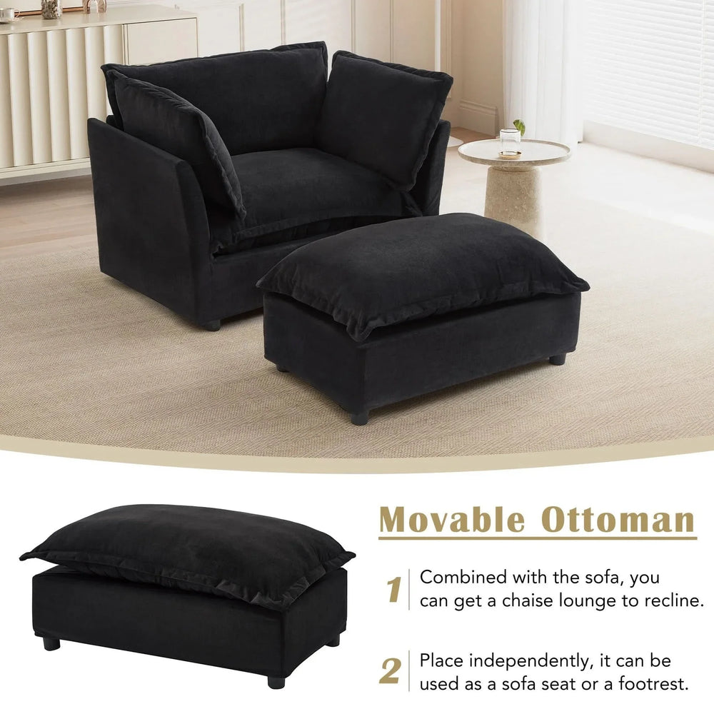 Modern Armchair Sofa 47' Cozy Upholstered Sofa Chair with Movable Ottoman, Black Chenille, Wide Seat & Curved Armrests - DTY Store