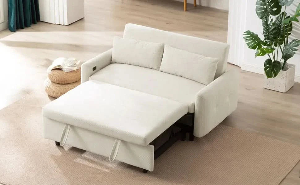 Convertible Sofa Bed Corduroy Beige With USB Ports Removable Pillows Media 34