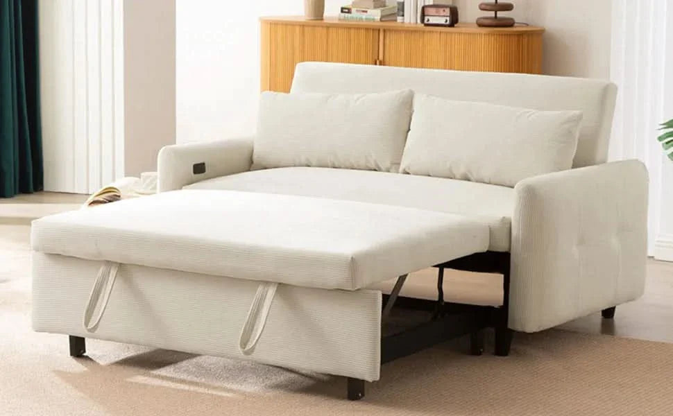 Convertible Sofa Bed Corduroy Beige With USB Ports Removable Pillows Media 33
