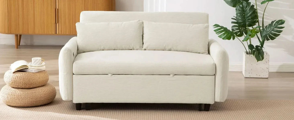 Convertible Sofa Bed Corduroy Beige With USB Ports Removable Pillows Media 39