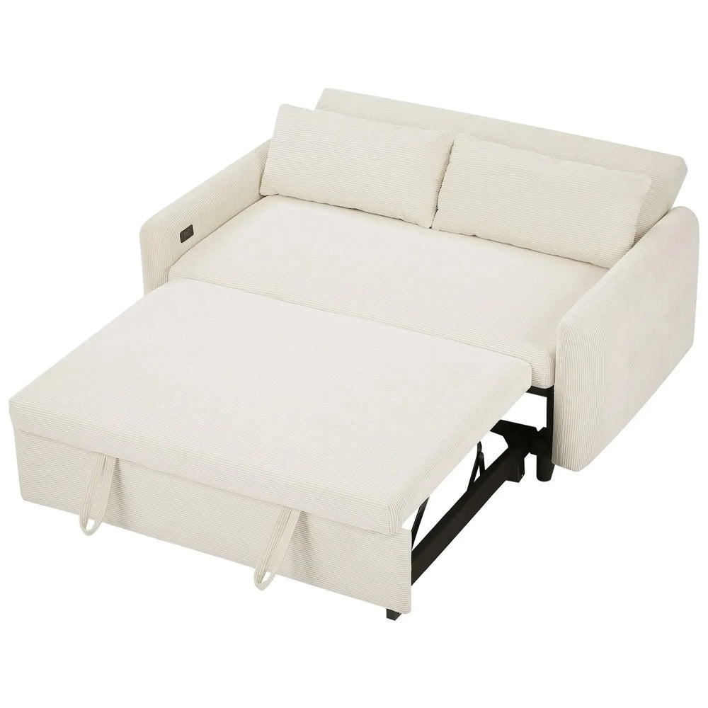 Convertible Sofa Bed Corduroy Beige With USB Ports Removable Pillows Media 22