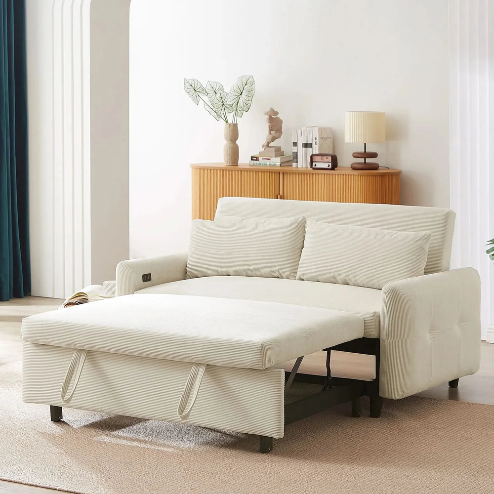 Convertible Sofa Bed Corduroy Beige With USB Ports Removable Pillows Media 11