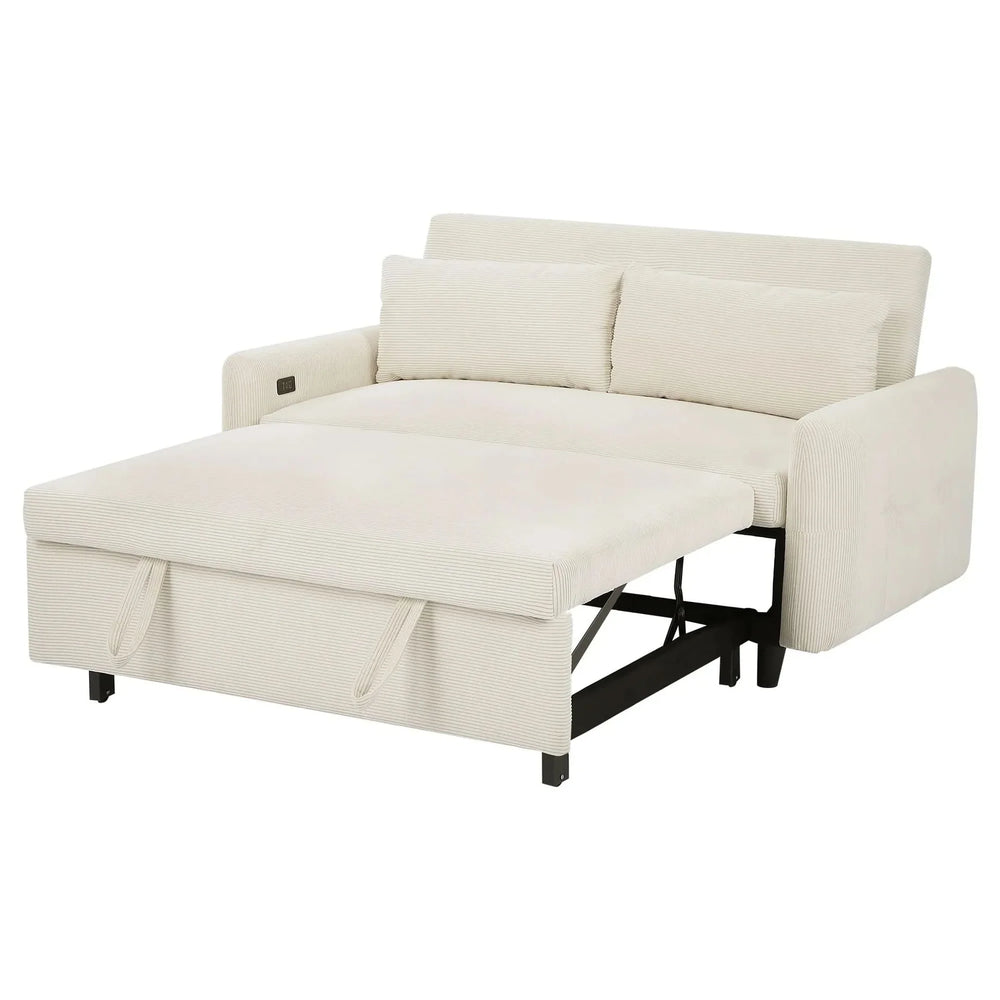 Convertible Sofa Bed Corduroy Beige With USB Ports Removable Pillows Media 19
